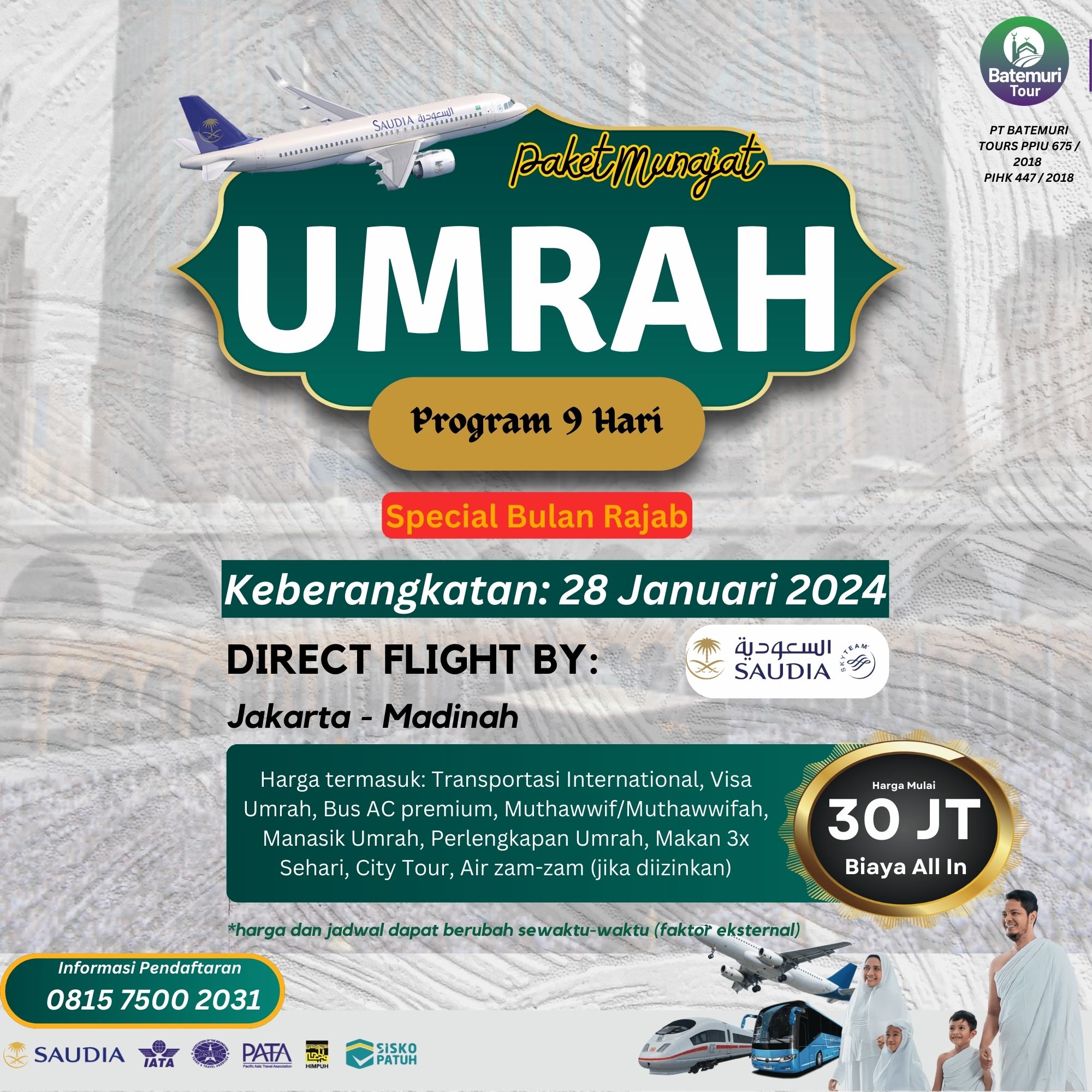 Umrah Rajab 1445 H, Paket 9 Hari, Asia Tour, Keberangkatan: 28 Januari 2024